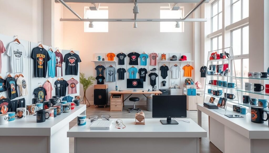 A breathtaking display of customizable merchandise in a bright, airy studio setting. In the foreground, an array of t-shirts, mugs, and other print-on-demand products showcased on sleek white displays, their vibrant designs popping against the minimalist backdrop. The middle ground features a desk with a modern laptop and design software, hinting at the creative process behind these unique items. In the background, large windows flood the space with natural light, casting a warm, inviting glow and a sense of boundless possibilities. The overall atmosphere exudes a fusion of artistic expression, entrepreneurial spirit, and the promise of passive income streams.