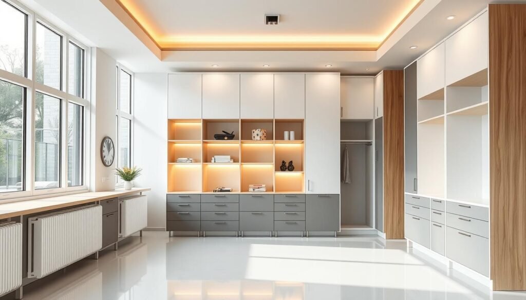 A bright, modern interior with sleek vertical storage units lining the walls, maximizing the available space in a small room. The storage units feature clean lines, minimalist designs, and a mix of open shelves and closed cabinets, creating a visually striking and practical storage solution. Warm lighting from overhead fixtures casts a cozy glow, complementing the neutral color palette of white, gray, and natural wood tones. The room is spacious and airy, with a large window flooding the space with natural light, creating an illusion of an even larger room. The overall atmosphere is one of efficiency, organization, and a sense of openness and calm.