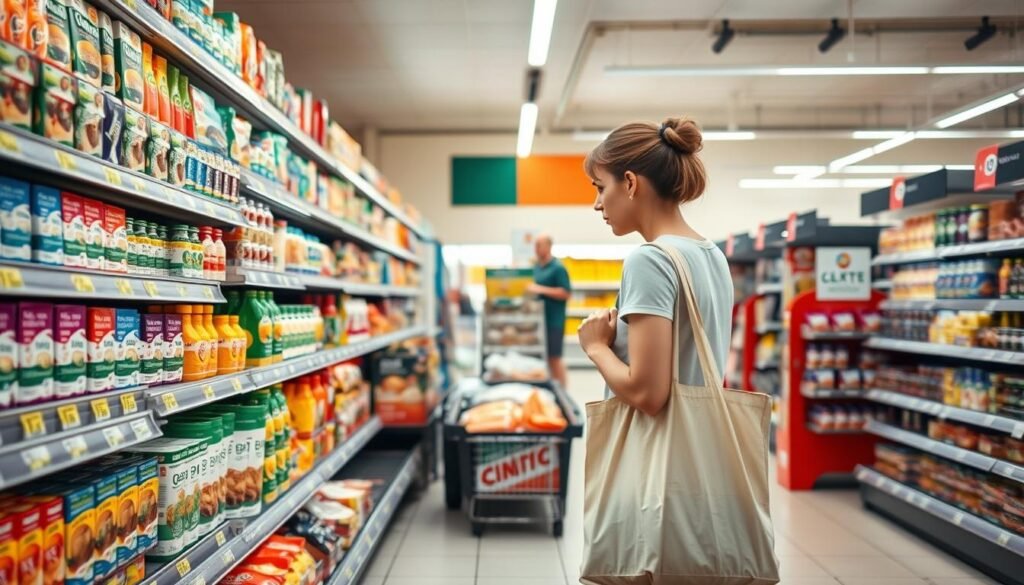 A brightly lit grocery store aisle, the shelves stocked with an array of affordable, generic brand products. A shopper, dressed in practical attire, examines the unit prices, carefully comparing options to find the best value. In the foreground, a reusable shopping bag is poised, ready to hold the savings-conscious purchases. The mid-ground features a selection of discounted, bulk items, while the background showcases the store's simple, utilitarian decor - clean tiles, minimalist signage, and efficient checkout lanes. An atmosphere of mindful, budget-friendly shopping pervades the scene, emphasizing the importance of savvy grocery strategies for maintaining a healthy lifestyle on a modest budget.