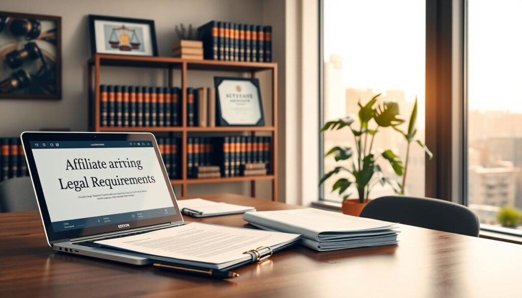 A brightly lit, meticulously detailed office scene. In the foreground, a desk with a laptop, pen, and a stack of legal documents. On the screen, a web page displaying "Affiliate Marketing Legal Requirements". In the middle ground, a bookshelf filled with law books, a framed certificate, and a potted plant. The background features a large window overlooking a cityscape, with warm, natural lighting filtering in. The overall atmosphere conveys a sense of professionalism, diligence, and adherence to legal protocols.