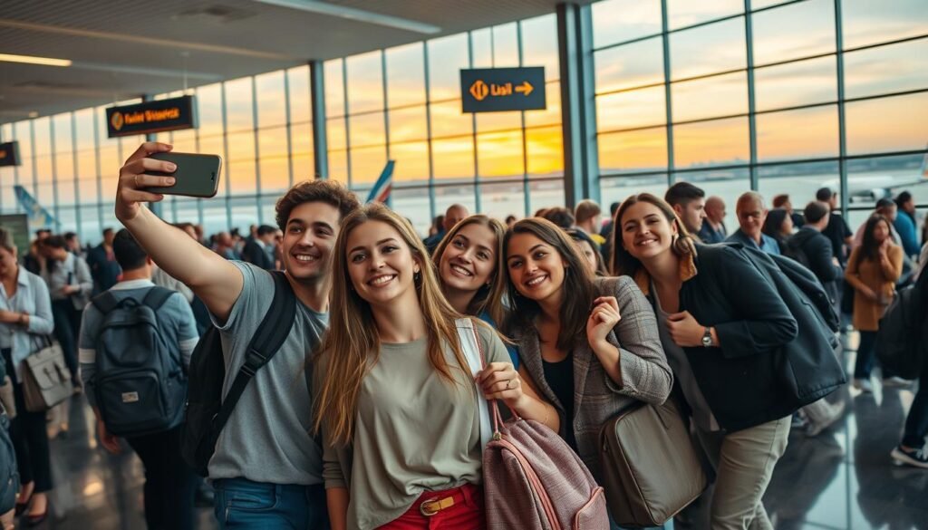 A bustling airport terminal, travelers with backpacks and suitcases navigating through the crowds. In the foreground, a group of young, stylishly-dressed individuals posing for a selfie, smartphones in hand, capturing the energy of the moment. Behind them, a large window offers a glimpse of the tarmac, planes taking off and landing under a vibrant, golden-hour sky. The middle ground is filled with a mix of business and leisure travelers, some glancing at their phones, others engaged in conversation. The lighting is soft and natural, casting warm tones across the scene. The composition is dynamic, drawing the viewer's eye through the layers of the image, capturing the essence of travel influencers in a post-pandemic world.