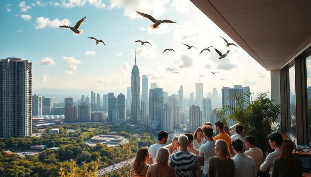 A bustling city skyline with towering high-rises and modern architecture, surrounded by lush green parks and outdoor recreation areas. In the foreground, a diverse group of remote workers gather in a cozy co-working space, engaged in animated discussions and collaborations. The lighting is warm and inviting, with large windows allowing natural light to flood the space. The mood is one of productivity, creativity, and a strong sense of community. Overhead, birds soar across a bright, cloud-dotted sky, symbolizing the freedom and flexibility of the digital nomad lifestyle.