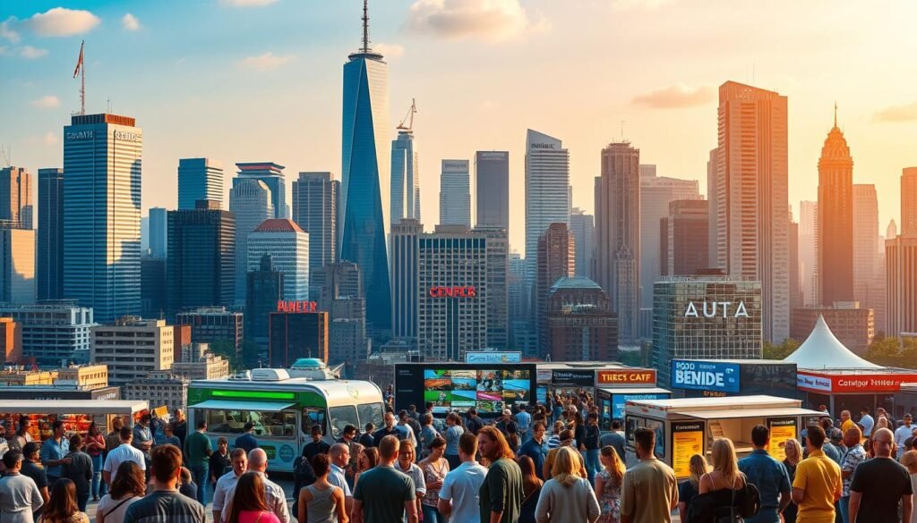 A bustling city skyline with towering skyscrapers, reflecting the dynamic growth of emerging franchise models. In the foreground, a diverse array of entrepreneurs showcase their innovative business concepts, ranging from a modern co-working space to a cutting-edge food truck. In the middle ground, a mix of traditional and unconventional franchise formats, from a sleek fitness studio to a tech-driven retail outlet, illustrate the evolving landscape. In the background, a vibrant hue of blues and oranges captures the energy and optimism of this rapidly changing industry. The scene is illuminated by warm, natural lighting, creating a sense of forward momentum and endless possibilities.