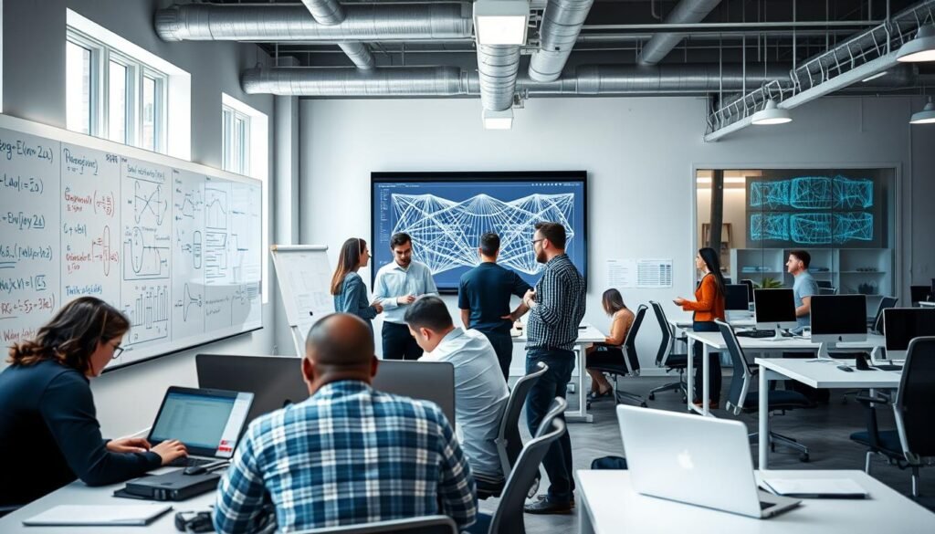 A bustling office scene featuring a team of data scientists, machine learning engineers, and AI researchers collaborating on cutting-edge projects. The foreground showcases individuals hunched over laptops, deep in thought, surrounded by whiteboards covered in equations and diagrams. In the middle ground, colleagues discuss plans animatedly, gesturing towards a large wall-mounted display presenting complex neural network architectures. The background depicts a modern, open-concept workspace flooded with natural light, with sleek, minimalist desks and ergonomic chairs. The mood is one of focused intensity, as the team navigates the challenges and opportunities of the rapidly evolving field of artificial intelligence.