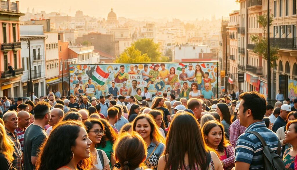 A bustling town square, filled with the vibrant energy of cultural exchange. In the foreground, a group of people from diverse backgrounds engaged in lively conversation, their expressions animated as they share stories and traditions. In the middle ground, a vibrant mural depicts a collage of global icons and cultural symbols, a testament to the melting pot of influences. The background is a warm, golden-hued cityscape, bathed in the soft glow of late afternoon sunlight, creating a sense of timelessness and connection. The overall scene conveys a spirit of openness, curiosity, and a celebration of the rich tapestry of human diversity.