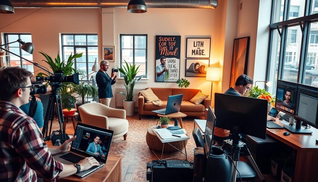 A bustling workspace with a group of content creators diversifying their revenue streams. In the foreground, a photographer edits images on a sleek laptop, while a vlogger records a video using professional video equipment. In the middle ground, a graphic designer manipulates digital illustrations on a high-resolution drawing tablet, and a web developer codes on a dual-monitor setup. The background features a cozy lounge area with comfy chairs, plants, and inspirational artwork on the walls, creating a collaborative and creative atmosphere. Warm lighting from floor lamps and natural sunlight through large windows sets a productive and ambitious mood.