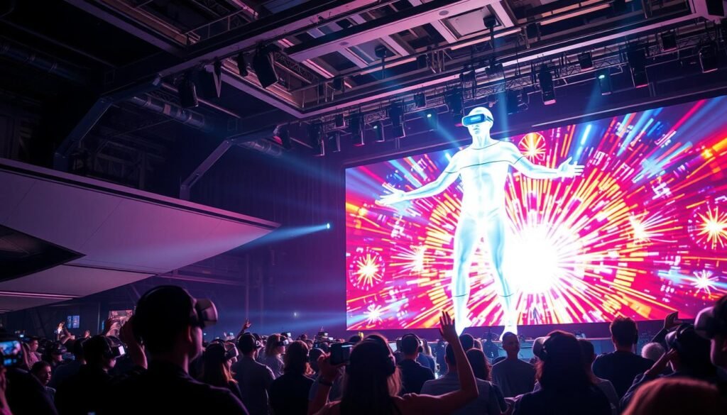 A captivating virtual concert unfolds, a fusion of cutting-edge technology and artistic expression. In the foreground, a mesmerizing holographic performer commands the digital stage, their ethereal form captivating the audience donning virtual reality headsets. The middle ground features a vibrant, dynamic light show, with pulsing beams and kaleidoscopic visuals that envelop the viewers, creating a truly immersive experience. In the background, a sleek, futuristic venue sets the stage, its architectural elements seamlessly blending with the digital realm. The lighting is precise, casting dramatic shadows and highlighting the technological marvels. The overall mood is one of wonder, excitement, and a sense of being transported to a new dimension of entertainment.
