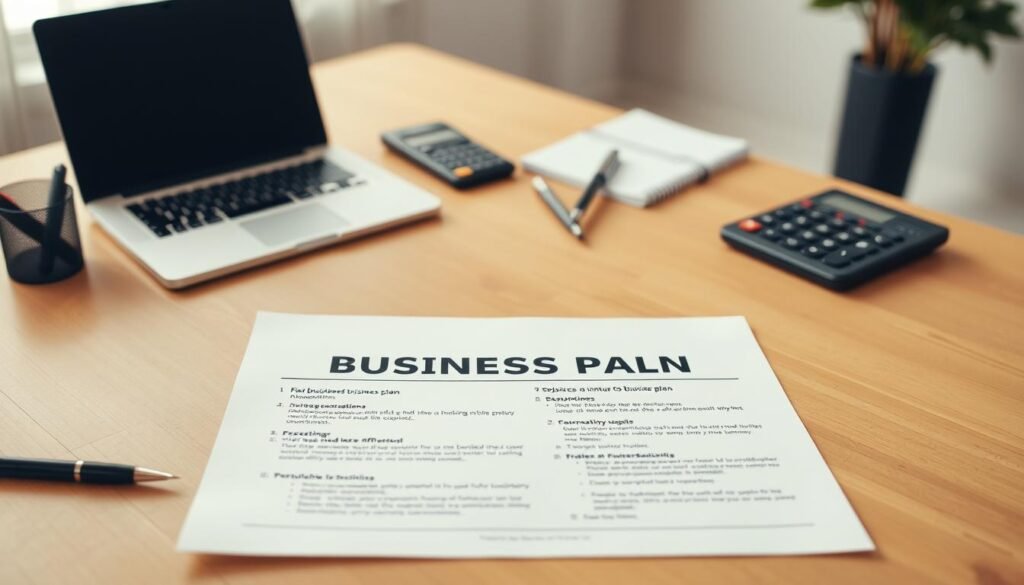A clean, minimalist office setting with a wooden desk, a laptop, and various business stationery items such as a pen, a notepad, and a calculator. In the foreground, a carefully laid-out business plan with sections and subsections neatly organized. The lighting is soft and warm, creating a professional and focused atmosphere. The camera angle is slightly elevated, giving a bird's-eye view of the workspace, emphasizing the importance and structure of the business plan. The background is blurred, keeping the viewer's attention on the key components of the business plan.