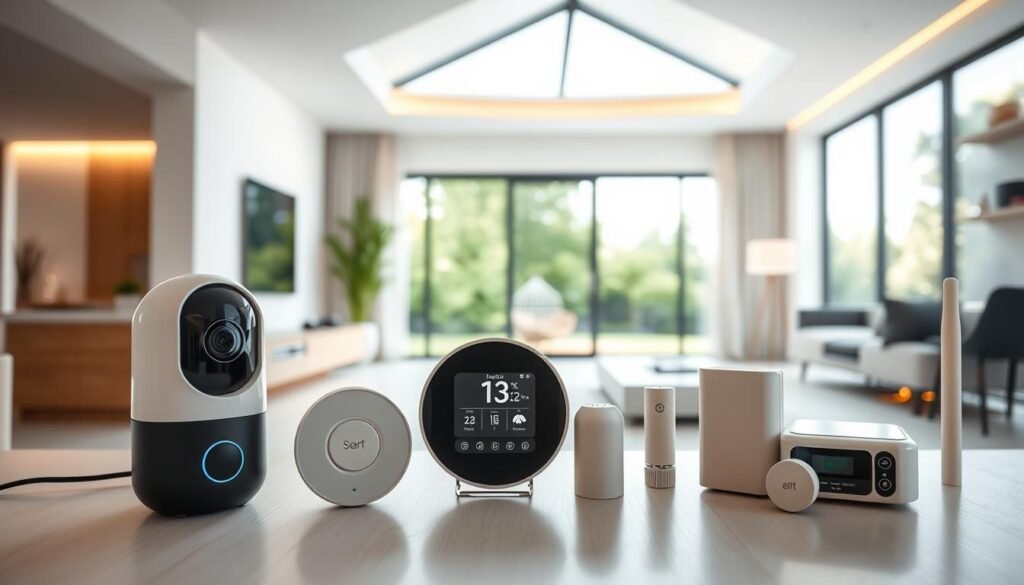 A contemporary smart home interior with sleek, minimalist design. In the foreground, an array of IoT gadgets - a voice-controlled security camera, a smart thermostat, and a wireless home alarm system. The middle ground features a clean, modern living room with floor-to-ceiling windows, allowing natural light to stream in. The background showcases a serene outdoor landscape, with lush greenery and a glimpse of a smart home's automated lighting system. The overall atmosphere conveys a sense of technological sophistication seamlessly integrated into a comfortable, sustainable living environment.