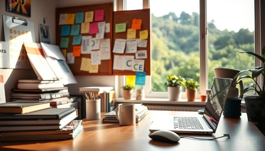 A cozy home office filled with affiliate marketing resources. In the foreground, a laptop and mouse sit on a neatly organized desk, surrounded by a stack of books, a mug of coffee, and a plant. In the middle ground, a corkboard displays colorful sticky notes and printouts, representing various affiliate programs and strategies. The background features a large window overlooking a lush, green landscape, bathed in warm, natural lighting. The overall atmosphere is one of focus, productivity, and a touch of inspiration, inviting the viewer to dive into the world of affiliate marketing.