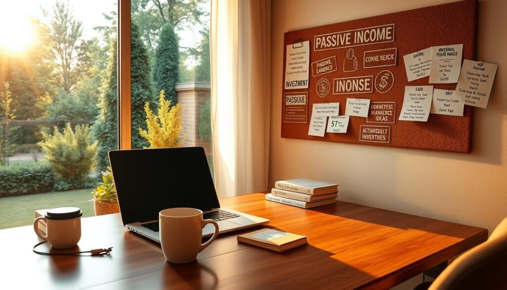 A cozy home office setup with a laptop, a stack of books, and a mug of coffee on a wooden desk. The room is bathed in warm, golden lighting, creating a serene and productive atmosphere. In the background, a large window overlooking a lush garden, with the sun peeking through the trees. On the wall, a corkboard displays various notes and graphics related to passive income strategies, such as investment opportunities, online business ideas, and financial planning tips. The overall scene conveys a sense of tranquility, focus, and the potential for financial growth.