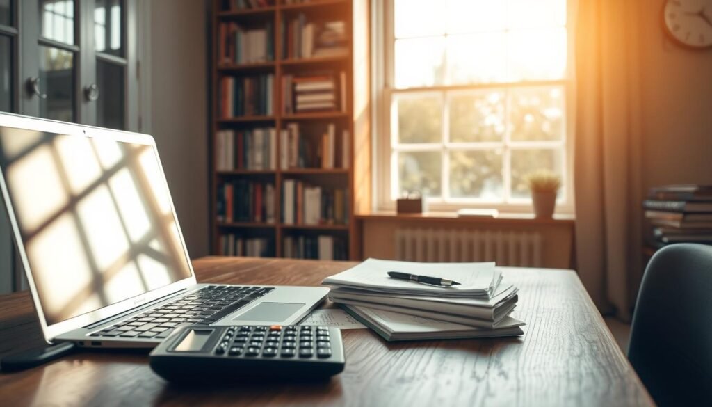 A cozy home office with an open laptop, a calculator, and financial documents neatly organized on a wooden desk. Warm natural lighting filters through a large window, casting a soft glow on the scene. In the background, a bookshelf filled with financial and entrepreneurial books creates a sense of expertise and knowledge. The overall atmosphere conveys a feeling of productivity, financial security, and the potential to generate passive income through smart financial decisions and strategic investments.