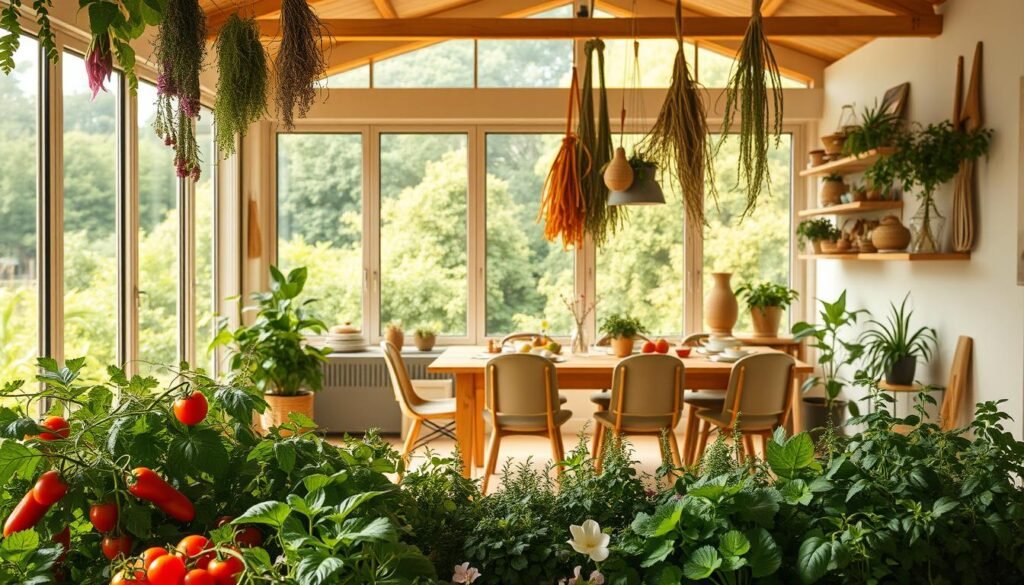 A cozy, sun-drenched room showcasing sustainable living practices. In the foreground, a large, well-tended vegetable garden spills over with vibrant greens, ripe tomatoes, and fragrant herbs. Hanging from the rafters, an array of dried herbs and flowers adds a touch of rustic charm. In the middle ground, a minimalist wooden dining table is set with organic, locally-sourced ingredients, surrounded by ergonomic chairs made from recycled materials. The background reveals expansive windows that flood the space with warm, natural light, framing a lush, verdant outdoor landscape. The overall atmosphere exudes a sense of harmony, wellness, and eco-conscious living.
