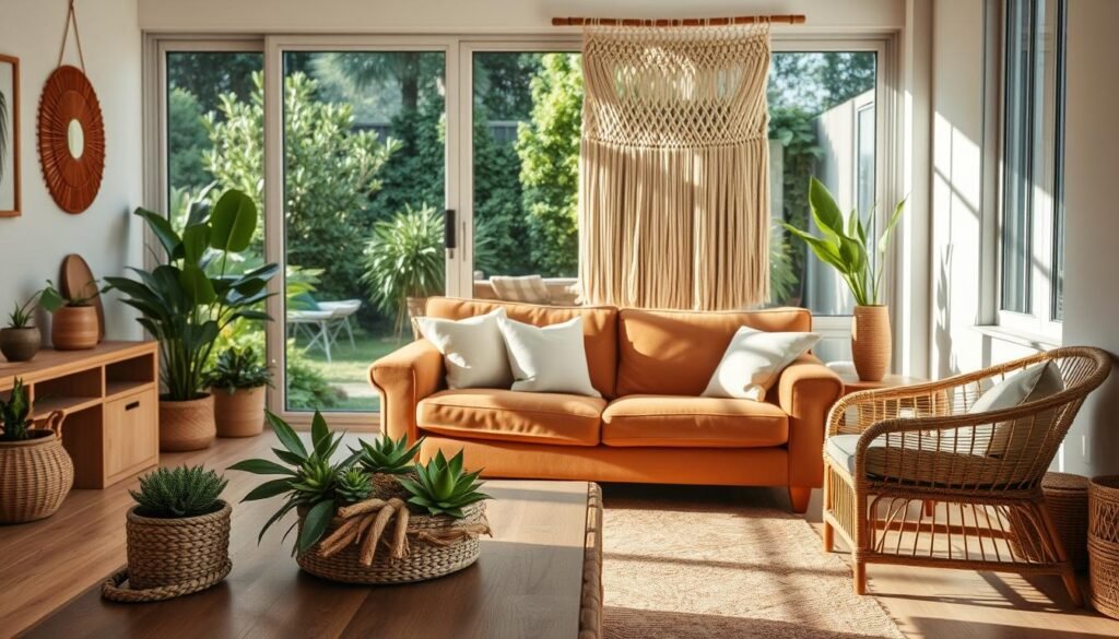 A cozy, well-lit living room filled with an assortment of sustainable decor elements. In the foreground, a wooden coffee table adorned with a potted succulent and a woven basket overflowing with natural fibers. Midground showcases a plush, earth-toned sofa accompanied by a pair of rattan armchairs. Hanging above, a large macrame wall hanging casts intricate shadows across the space. The background features a large window overlooking a lush, verdant garden, allowing natural light to flood the room. The overall atmosphere exudes a sense of warmth, mindfulness, and environmental consciousness.
