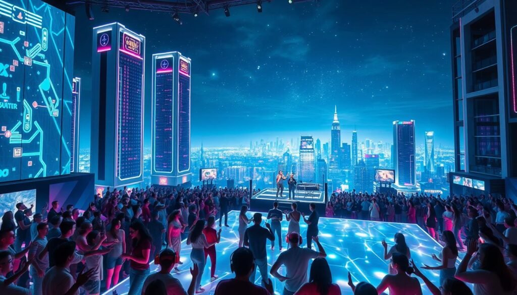 A dazzling futuristic cityscape comes alive with immersive virtual entertainment experiences. In the foreground, a massive holographic stage showcases a captivating performance, the artist's movements fluid and lifelike. Surrounding the stage, a dynamic crowd of avatars sways and dances, their expressions conveying pure joy. In the middle ground, towering skyscrapers with sleek, minimalist architecture house state-of-the-art virtual reality venues, their facades bathed in a spectrum of neon lights. In the distant background, a breathtaking skyline stretches to the horizon, the night sky adorned with shimmering holograms and digital projections. The scene exudes a sense of boundless possibility, where the lines between the physical and digital realms have been effortlessly blurred.