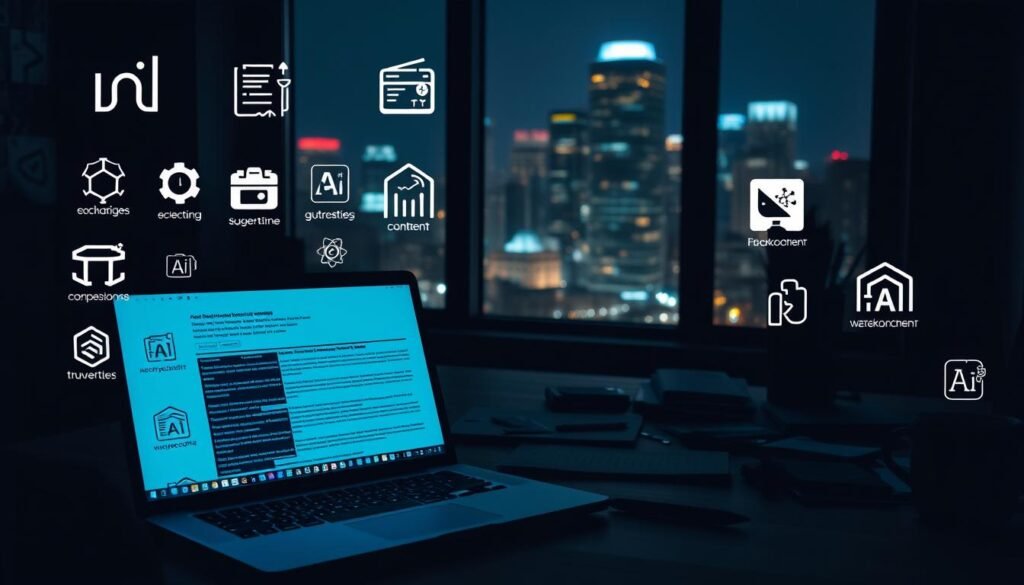 A dimly lit office, the desktop awash in a soft glow, showcasing an array of AI-powered content creation tools. In the foreground, a sleek laptop displays a text editor, the cursor blinking as it awaits input. Surrounding it, various icons and logos representing AI-driven writing assistants, image generators, and content optimization software. The middle ground features a cluttered workspace, with scattered notes, reference materials, and a stylus-equipped tablet. In the background, a window overlooks a bustling cityscape, the lights of skyscrapers twinkling in the distance, creating a sense of technological integration and modern productivity. The overall atmosphere conveys the complexities and potential pitfalls of navigating the AI content creation landscape.