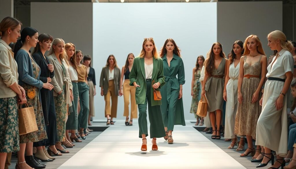 A fashion runway showcasing sustainable attire, with models confidently displaying chic and eco-friendly outfits. The foreground features a diverse array of garments made from organic fabrics, recycled materials, and innovative textiles. The middle ground highlights accessories like bamboo handbags, cork belts, and wooden jewelry, while the background depicts a minimalist stage with natural lighting, creating a serene and environmentally-conscious atmosphere. The scene conveys a sense of elegance, innovation, and a commitment to sustainable practices within the fashion industry.