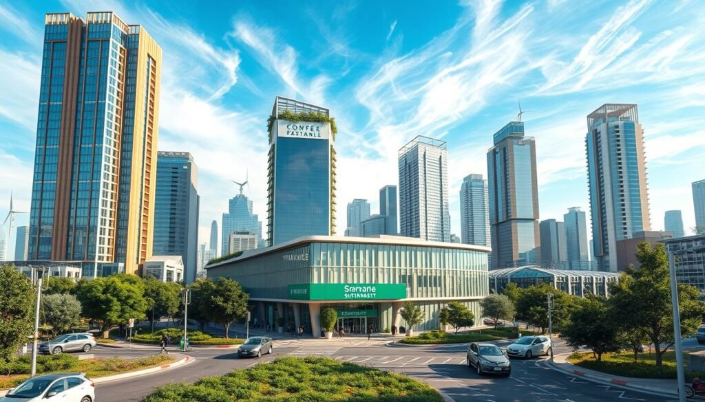 A futuristic cityscape with towering skyscrapers made of eco-friendly materials like glass and sustainable wood. In the foreground, a bustling street filled with electric vehicles and pedestrians, surrounded by lush greenery and renewable energy sources like solar panels and wind turbines. In the middle ground, a modern, efficient franchise building with a prominent sign showcasing its sustainability initiatives. The background features a clear blue sky with wispy clouds, conveying a sense of clean, renewable energy and environmental consciousness. The overall atmosphere is one of progress, innovation, and a commitment to a sustainable future.