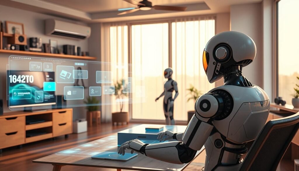 A futuristic home office with cutting-edge technologies, bathed in warm, diffused lighting from large windows. In the foreground, a sleek, holographic display projects interactive workspaces, while a robotic assistant operates seamlessly in the middle ground. The background features smart home devices, 3D-printed decor, and an advanced climate control system. The atmosphere is one of efficiency, innovation, and the merger of physical and digital realms, capturing the essence of emerging remote work technologies.