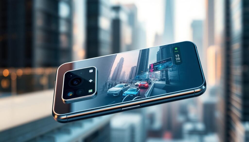 A futuristic smartphone camera with advanced computational photography features. The high-resolution sensor is accompanied by a sophisticated multi-lens array, capturing stunning details and vibrant colors. Sleek metallic housing with a seamless, edge-to-edge display. Diffused natural lighting casts a warm, ambient glow, highlighting the phone's premium design. In the background, a blurred cityscape with towering skyscrapers, conveying the powerful technology packed into a compact, affordable device.