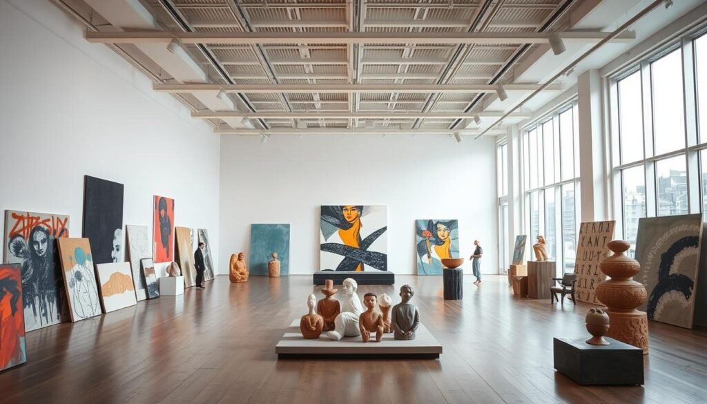 A large, well-lit gallery space with high ceilings and a minimalist, contemporary design. In the foreground, a curated collection of abstract paintings and sculptures in a variety of mediums, textures, and colors, arranged in a visually striking and harmonious manner. The middle ground features a central focal point, such as a large, statement-making piece or a carefully curated vignette of smaller works. The background showcases floor-to-ceiling windows, allowing natural light to flood the space and create a warm, inviting atmosphere. The overall composition and lighting evoke a sense of calmness, sophistication, and artistic appreciation.