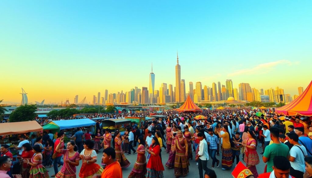 A lively cultural festival in 2025, bustling with vibrant colors and joyful crowds. In the foreground, a parade of dancers in elaborate costumes sway to the rhythmic beats of traditional music. The middle ground features a mosaic of food stalls, craft vendors, and performers entertaining the captivated audience. In the background, iconic landmarks of a global city provide a stunning backdrop, bathed in warm, golden light from the setting sun. The overall atmosphere exudes a sense of cultural unity, diversity, and the anticipation of a new era of celebration.