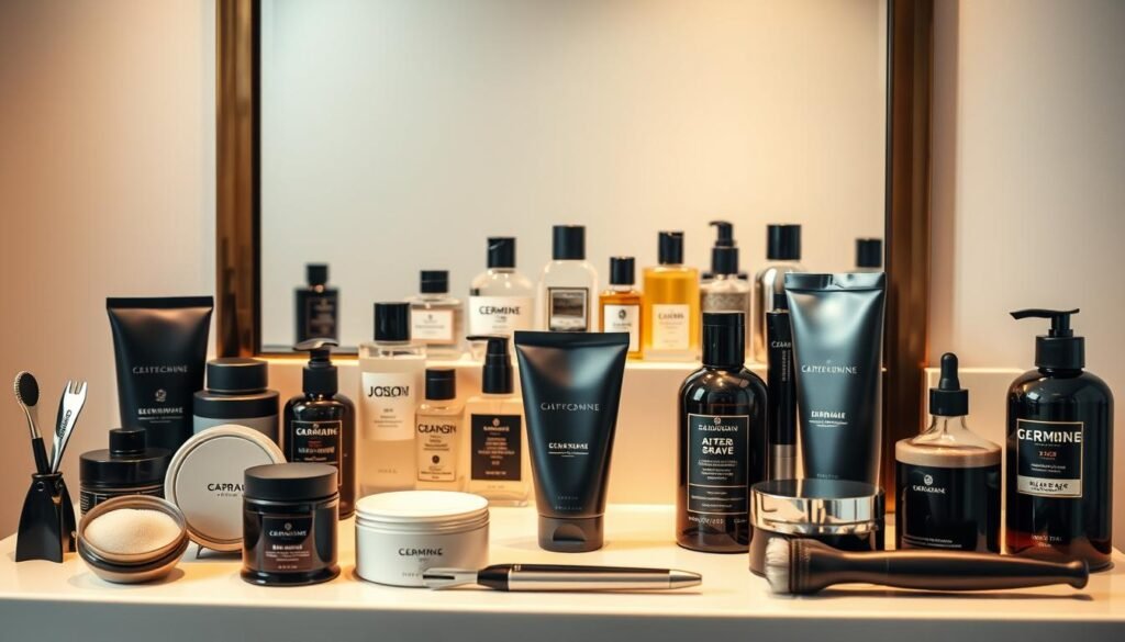 A luxurious display of men's grooming essentials, artfully arranged on a sleek, minimalist vanity. In the foreground, a diverse array of premium products - shaving creams, aftershave balms, and high-quality grooming tools, all crafted with meticulous attention to detail. The middle ground features neatly organized bottles of fragrances, oils, and serums, exuding an aura of sophistication. Bathed in warm, diffused lighting, the scene evokes a sense of refined masculinity and a commitment to personal care. The background showcases a clean, neutral backdrop, allowing the grooming items to take center stage and inspire the modern gentleman to elevate his daily routine.