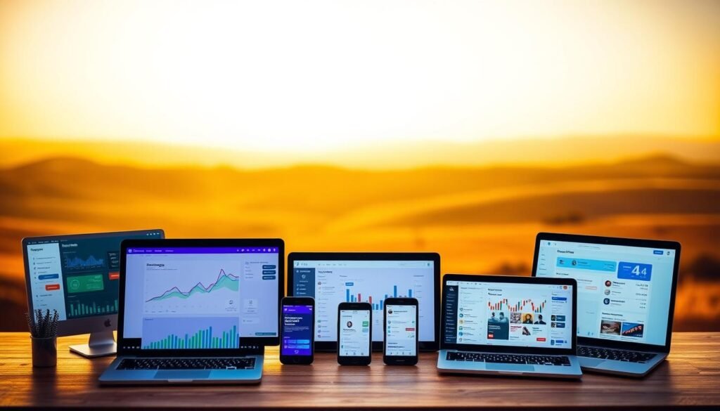A meticulously crafted arrangement of hashtag research tools against a warm, minimalist backdrop. In the foreground, an array of colorful, intuitive software interfaces showcasing analytics, trend tracking, and hashtag discovery features. The middle ground features sleek mobile devices and laptops displaying social media dashboards. In the background, a serene, blurred landscape evoking a sense of focus and productivity. Dramatic lighting from above casts dynamic shadows, highlighting the tools' modern, high-tech design. The overall scene conveys the power of data-driven hashtag optimization for social media growth.