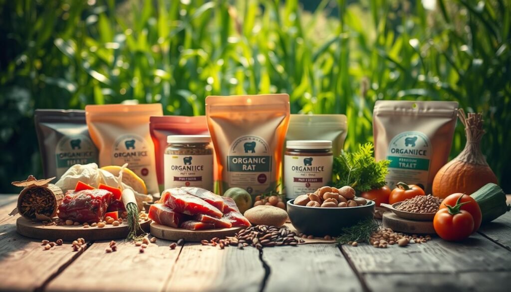 A meticulously curated still life of organic pet food, bathed in warm, natural lighting and captured with a shallow depth of field. In the foreground, a variety of wholesome, unprocessed ingredients - raw meats, fresh produce, and whole grains - artfully arranged on a rustic wooden surface. The middle ground features elegantly labeled jars and bags of premium pet treats and supplements, conveying a sense of quality and care. In the background, a lush, verdant backdrop suggests an earthy, farm-to-bowl aesthetic. The overall scene exudes a tone of authenticity, health, and a deep appreciation for the nourishment of our beloved animal companions.