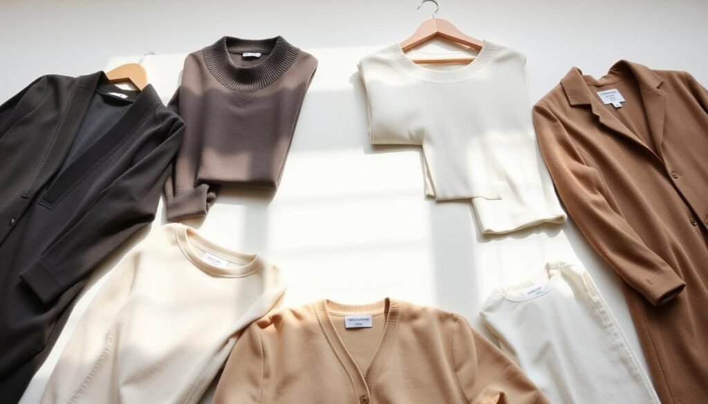 A minimalist, neatly organized capsule wardrobe laid out against a bright, airy backdrop. The garments, consisting of high-quality, versatile pieces in neutral tones, are arranged in a visually appealing manner, showcasing their simplicity and timelessness. The lighting is soft and natural, casting gentle shadows that accentuate the textures and silhouettes of the clothing. The overall composition exudes a sense of calm, highlighting the essence of sustainable, slow fashion. The image conveys the concept of building a practical, streamlined wardrobe that embodies the principles of mindful consumption.