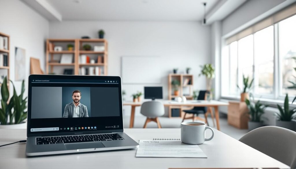 A modern and minimalist online course creation scene. In the foreground, a laptop displays a video lecture interface, with a presenter speaking on-screen. The middle ground features a desk with a stylized course curriculum and a cup of coffee. In the background, a clean and airy home office setup with bookshelves, plants, and natural lighting through large windows. The atmosphere is one of focused productivity and digital education, with a sense of calm and inspiration.
