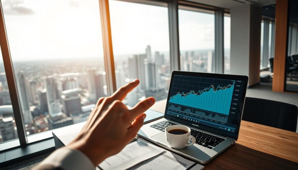 A modern office interior with a panoramic view of a bustling city skyline. On the desk, a laptop displays a graph showing stock market trends, surrounded by investment documents and a cup of coffee. Natural light filters through the large windows, casting a warm glow on the scene. In the foreground, a hand gestures towards the screen, conveying a sense of analysis and decision-making. The overall mood is one of focus, productivity, and the potential for financial growth.
