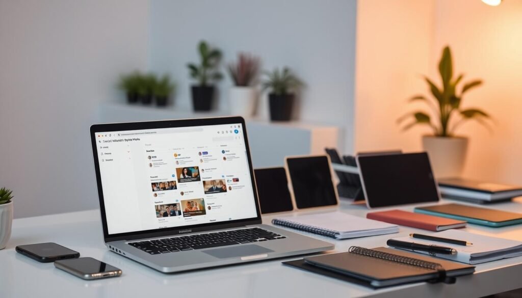 A professional, neatly organized workspace with various social media scheduling tools prominently displayed. In the foreground, a sleek laptop with a clean, minimalist interface showcasing a content calendar. Surrounding it, an array of mobile devices, tablets, and notebooks arranged in a visually appealing manner. Subtle lighting casts a warm, productive glow, creating a sense of efficiency and focus. In the background, a clean, white wall with a few potted plants adds a touch of natural ambiance. The overall scene conveys the importance of consistency and organization in managing social media content through the strategic use of scheduling tools.