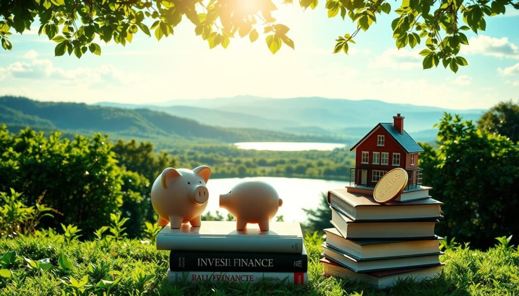 A serene financial landscape, sun-dappled and verdant, with a central focus on a series of investment vehicles - a stock chart, a piggy bank, a real estate model, and a golden coin. In the foreground, a stack of books on personal finance and investment strategies. The middle ground features a tranquil pond reflecting the sky, surrounded by lush foliage. In the background, a range of rolling hills and a distant horizon, conveying a sense of growth, stability, and long-term prosperity. The overall mood is one of calm, contemplation, and the potential for passive income through thoughtful investment.