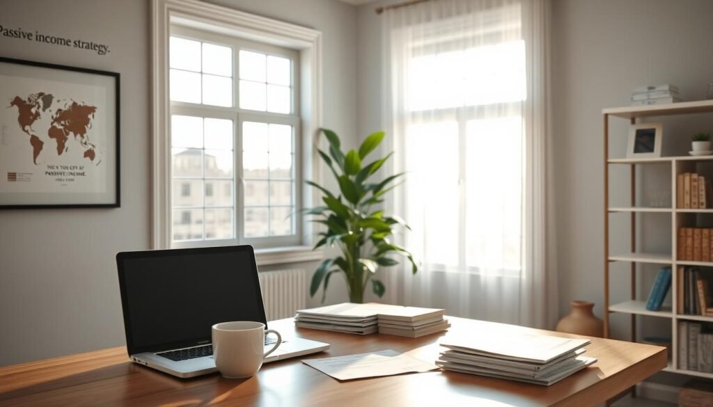 A serene home office, bathed in soft natural light from large windows. On the desk, a laptop, a cup of coffee, and stacks of financial documents - visual cues of a passive income strategy. The walls are adorned with framed inspirational quotes and a world map, hinting at the global opportunities for building wealth. In the background, a lush indoor plant and a minimalist bookshelf symbolize the calm and order necessary for a successful passive income venture. The overall atmosphere is one of focus, organization, and a sense of financial freedom.