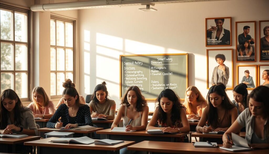 A serene, sun-dappled classroom with a diverse group of aspiring female filmmakers immersed in their studies. In the foreground, students diligently take notes, their faces alight with passion and determination. The middle ground features a chalkboard displaying a syllabus of cinematography, screenwriting, and directing courses. Warm, natural lighting filters through large windows, casting a soft glow over the scene. In the background, a gallery wall showcases framed posters of acclaimed female-directed films, serving as a source of inspiration. The overall atmosphere exudes a sense of empowerment, creativity, and the boundless potential of the next generation of cinematic visionaries.