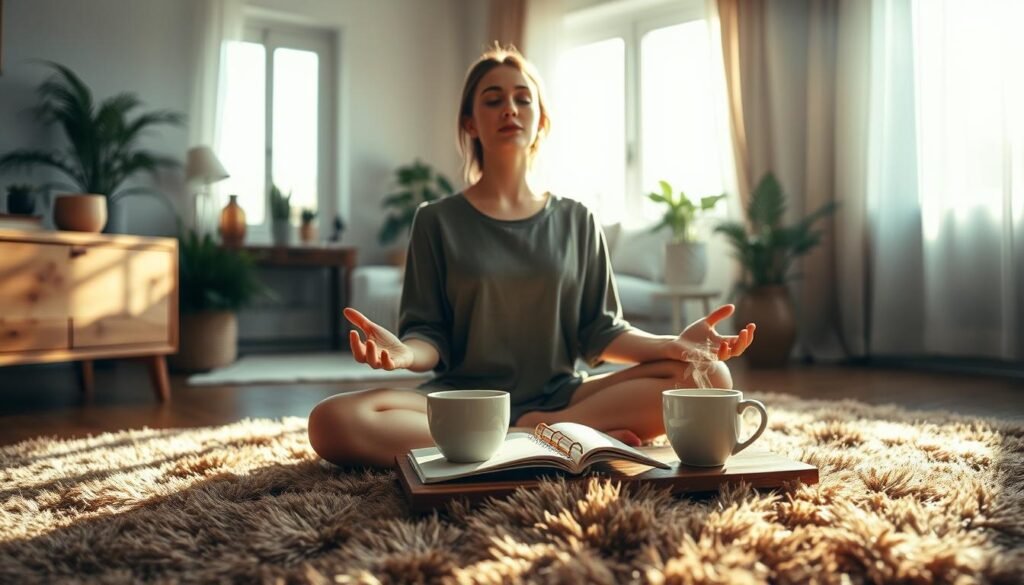 A serene, sun-dappled morning scene. In the foreground, a person sits cross-legged on a plush, earth-toned rug, eyes closed in quiet contemplation. Their hands rest gently on their lap, palms upturned in a gesture of openness and gratitude. Soft, diffused light filters through a large window, casting a warm glow on the scene. In the middle ground, a wooden table holds a journal, a pen, and a steaming mug of tea. The background reveals a cozy, minimalist living space, with plants and natural textures creating a sense of tranquility. The overall mood is one of mindfulness, inner peace, and appreciation for the present moment.
