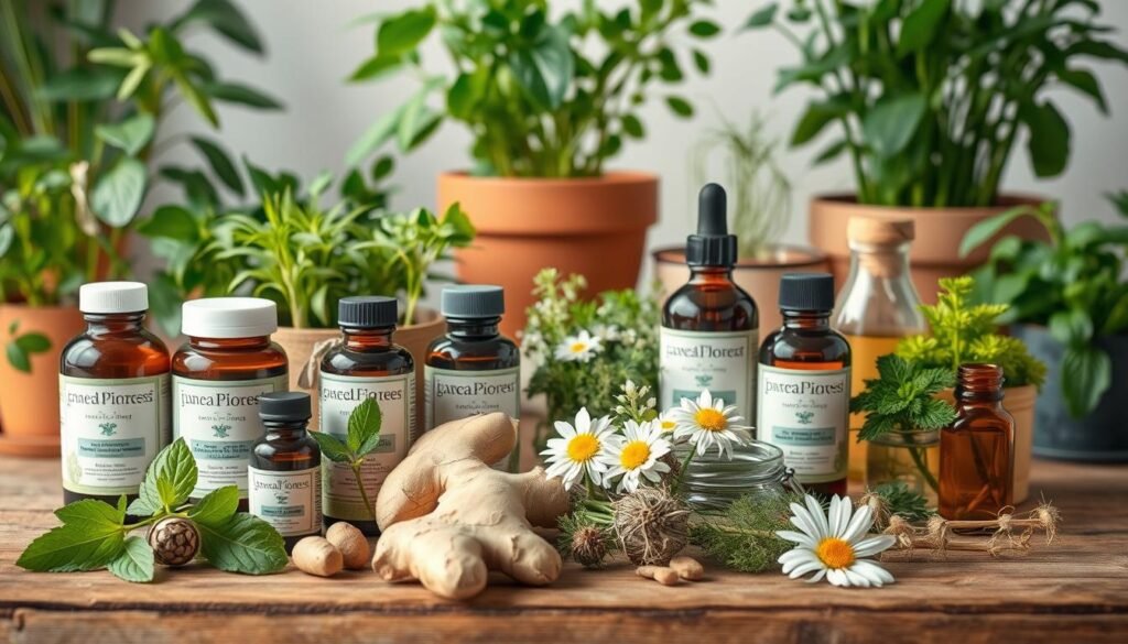 A serene, well-lit still life arrangement showcasing a collection of natural remedies for digestive wellness. In the foreground, an array of herbal supplements, tinctures, and essential oils in glass bottles and jars are artfully displayed on a wooden surface. The middle ground features freshly harvested botanicals such as ginger, peppermint, fennel, and chamomile, their vibrant colors and textures contrasting with the neutral tones. In the background, a lush, verdant backdrop of potted plants and herbs creates a soothing, biophilic atmosphere. The lighting is soft and diffused, evoking a sense of calm and wellness. The overall composition conveys the harmony of nature's remedies for a healthy, balanced gut.