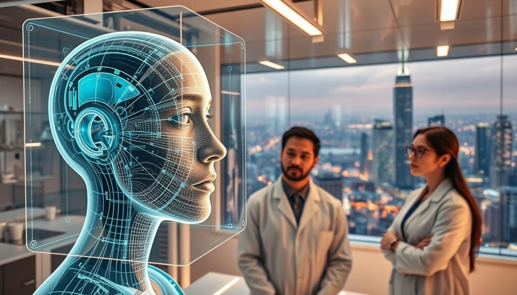 A sleek, futuristic laboratory filled with cutting-edge skincare technology. In the foreground, a holographic display showcases the intricate inner workings of a high-tech skin analysis device, its multi-spectral sensors meticulously mapping the contours and complexion of a user's face. In the middle ground, a team of researchers in crisp white lab coats examines the data, their expressions thoughtful as they discuss the latest AI-powered skincare innovations. The background is dominated by a panoramic view of the city skyline, the gleaming towers and bustling streets a testament to the rapid advancements transforming the beauty industry. Warm, ambient lighting casts a gentle glow, evoking a sense of wonder and progress.