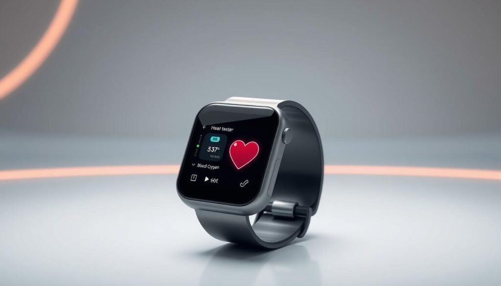 A sleek, minimalist AI-powered wearable health monitor, featuring a smooth, glass-like display and a brushed metal casing. The device seamlessly integrates with the user's skin, discreetly monitoring vital signs like heart rate, blood oxygen, and stress levels. The interface is intuitive and responsive, offering real-time feedback and personalized health insights. Soft, diffused lighting illuminates the display, creating a sense of calm and tranquility. The wearable is set against a backdrop of a serene, futuristic environment, with clean lines and muted tones that emphasize the device's advanced, yet user-friendly, design.