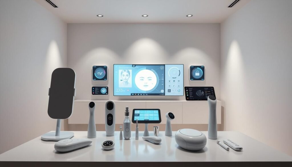 A sleek, minimalist studio setting with a central table showcasing an array of AI-powered beauty tools. The foreground features a series of high-tech facial devices, including a smart mirror, a handheld skin analyzer, and a personalized facial massager. The middle ground displays various digital displays and control panels, with intuitive interfaces and dynamic visualizations. The background is softly lit, with a neutral color palette and subtle textures, creating a serene and futuristic ambiance. Crisp, natural lighting from strategically placed sources highlights the clean, modern design of the tools, emphasizing their technological sophistication and integration with advanced AI algorithms.