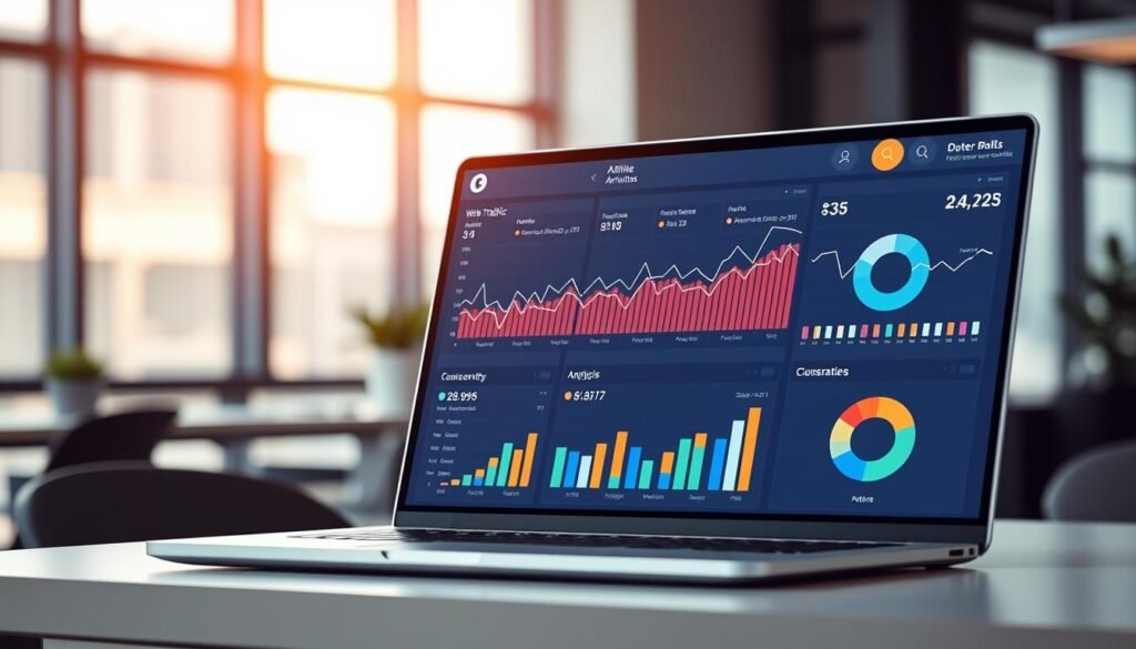 A sleek, modern data dashboard showcasing key affiliate marketing analytics metrics. In the foreground, a series of line graphs, bar charts, and pie charts display web traffic, conversion rates, revenue, and other vital performance indicators. The middle ground features a laptop displaying the dashboard, positioned atop a minimalist desk with a clean, uncluttered aesthetic. The background is a softly blurred office scene, with large windows letting in warm, natural lighting that casts a subtle glow on the analytical data visualizations. The overall mood is one of clarity, efficiency, and data-driven decision-making, perfectly suited to illustrate the importance of closely monitoring your affiliate marketing analytics.