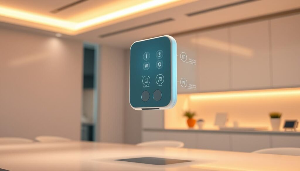 A sleek, modern digital assistant with a minimalist design, hovering in a futuristic, well-lit environment. The assistant has a softly glowing holographic display, projecting intuitive controls and information. The background is a clean, subtly textured workspace, with hints of smart home technology visible. Warm, diffused lighting creates a sense of calm and efficiency, while the assistant's unobtrusive presence suggests seamless integration into everyday life. The overall aesthetic is one of sophisticated, user-friendly technology that enhances daily tasks and productivity.