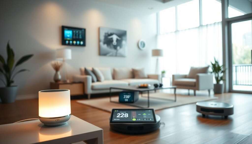 A sleek, modern living room filled with an array of smart home devices. In the foreground, a voice-controlled smart speaker sits atop a minimalist side table, its LED indicator glowing softly. Behind it, a wall-mounted touch panel controls the lighting, temperature, and security systems. On the coffee table, a tablet displays real-time energy usage data and weather forecasts. In the middle ground, a robotic vacuum cleaner silently navigates the hardwood floor, while a smart thermostat blends seamlessly into the wall. The background features large windows that allow natural light to flood the space, creating a warm, inviting atmosphere.