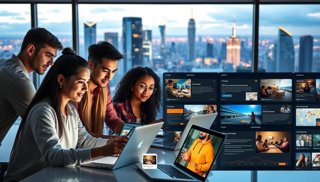 A sleek, modern online education platform with a clean, user-friendly interface. In the foreground, a group of diverse students collaborating on a virtual whiteboard, their faces lit by the glow of their laptop screens. In the middle ground, a panoramic view of various learning modules and interactive lessons, each with an intuitive layout and captivating visuals. The background features a cityscape, with skyscrapers and a vibrant skyline, symbolizing the global reach and accessibility of this digital learning environment. The lighting is soft and natural, creating a sense of warmth and productivity. The overall atmosphere conveys a dynamic, tech-savvy, and engaging online education experience.