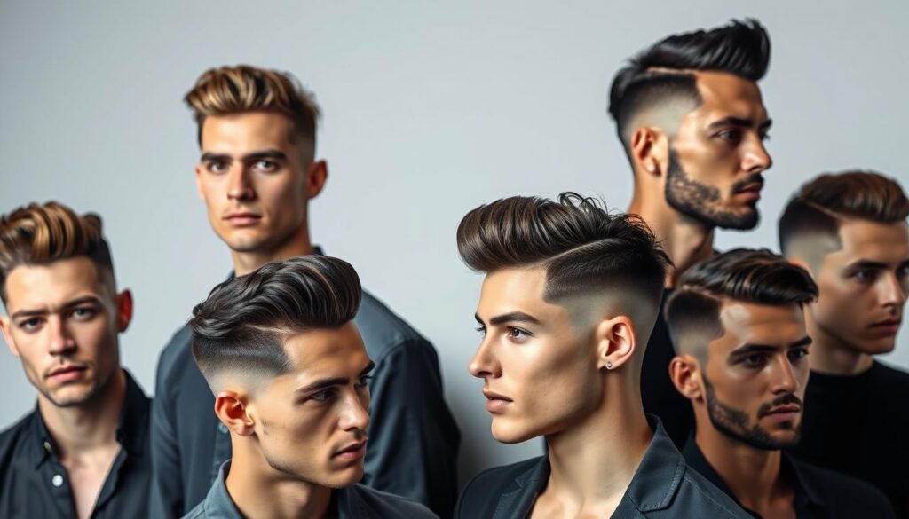 A stylish collection of men's haircut styles, captured in a sleek, modern photographic setting. The foreground features an array of contemporary hairstyles, including neatly-trimmed fades, textured pompadours, and clean-cut side parts, all illuminated by soft, directional lighting that highlights the intricate details and natural shine of the hair. The middle ground showcases the versatility of these styles, with models sporting a range of facial features and skin tones, showcasing how these looks can complement diverse personal aesthetics. The background is a minimalist studio backdrop, allowing the hairstyles to be the primary focus, radiating an air of effortless sophistication and confidence.