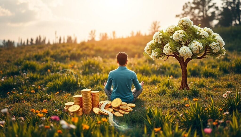 A sun-dappled meadow, lush with wildflowers and verdant grass, sets the serene backdrop. In the foreground, a person sits cross-legged, deep in contemplation, as various passive income streams emerge from the ground around them - a golden coin tree, a flowing stream of stock dividends, and a cloud of cryptocurrency tokens. Warm, diffused lighting casts a soft glow, highlighting the tranquility and abundance. The composition conveys a sense of effortless prosperity, inviting the viewer to discover the strategies that can unlock their own financial freedom.