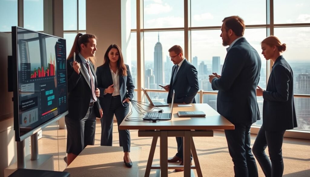 A team of professionals in business suits and casual attire collaborating in a modern, well-lit office space. In the foreground, a group reviews data visualizations on a large monitor, while in the middle ground, a programmer codes at a standing desk. The background features a panoramic city skyline visible through floor-to-ceiling windows, conveying a sense of innovation and progress. Warm, natural lighting casts a professional, aspirational tone, highlighting the diverse skillsets and expertise required for successful AI careers.