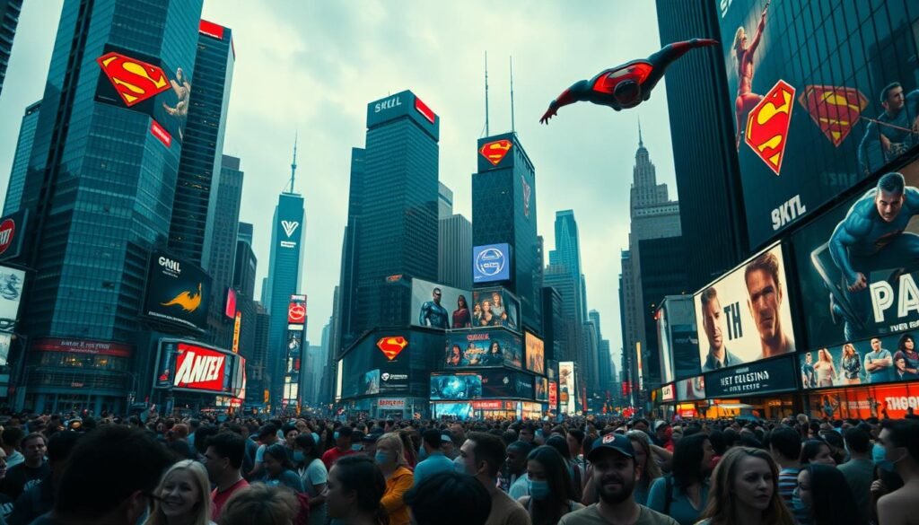 A vast cityscape, its towering skyscrapers adorned with neon-lit billboards depicting iconic superhero logos. In the foreground, a diverse crowd of people, their faces alight with excitement, captivated by the larger-than-life heroes soaring overhead, cast in a warm, cinematic glow. The background blurs into a vibrant mosaic of street art, murals, and immersive advertisements, reflecting the deep cultural integration of these mythic figures. The scene exudes a sense of wonder, as the line between fantasy and reality blurs, showcasing the profound impact of superhero narratives on the urban landscape and the collective imagination.