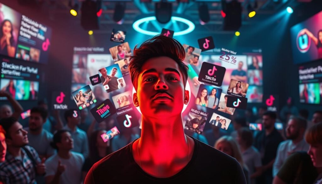 A vibrant and dynamic scene depicting the power of TikTok influencer marketing. In the foreground, a charismatic TikTok influencer stands center stage, their face lit by the warm glow of a ring light, captivating a virtual audience. In the middle ground, a collage of TikTok content, product placements, and audience engagement metrics swirls around them, illustrating the reach and impact of this marketing strategy. The background showcases the distinctive TikTok user interface, with a feed of trending videos, interactive elements, and a pulsing, energetic atmosphere. The overall scene conveys the transformative influence of TikTok on modern advertising and marketing, blending entertainment, brand promotion, and audience interaction into a seamless, engaging experience.